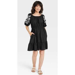 Knox Rose Black Embroidered Sleeve Peasant Dress Womens Plus Size XXL